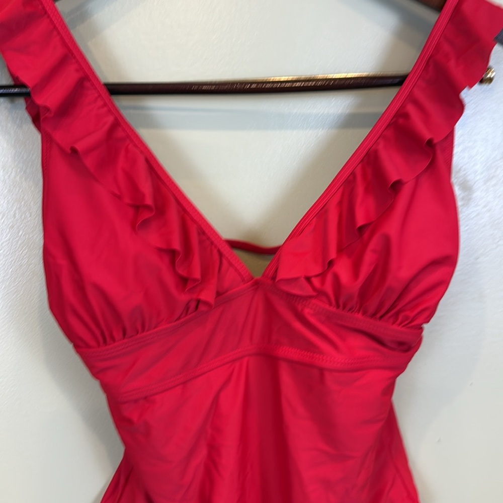 Red Ruffled One-Piece Swimsuit S - Picture 2 of 4